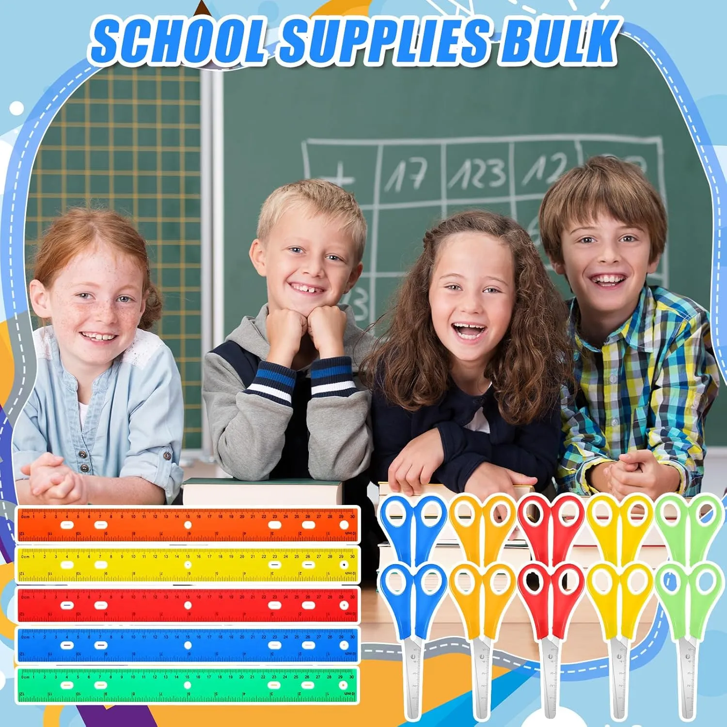 180 Pcs School Supplies Bulk with Safety Blunt Tip Student Scissors 12 Inch Plastic Rulers Back to School Kit for Student Classroom Office