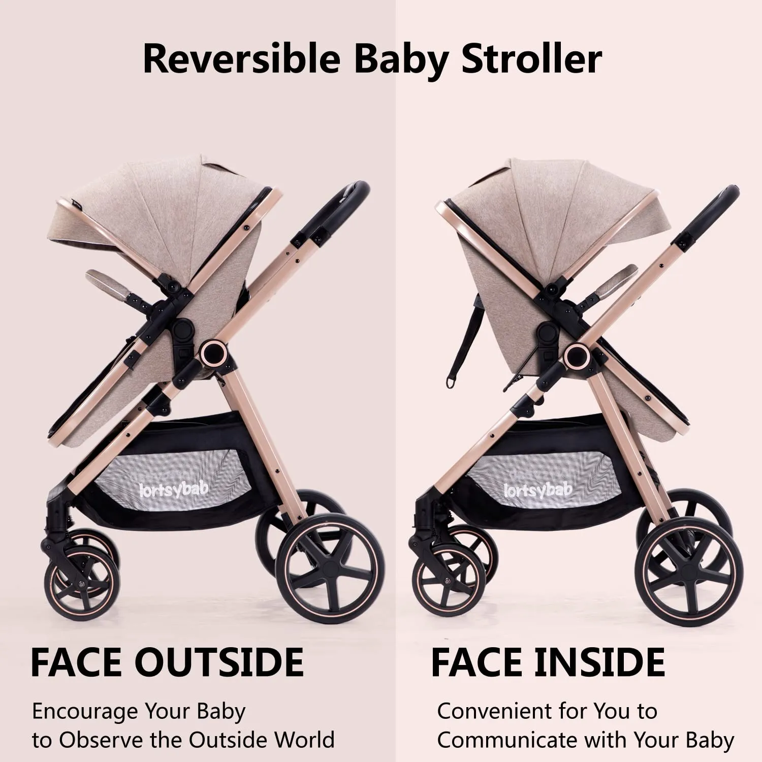 2-in-1 Baby Stroller with Bassinet Mode - Folding Infant Newborn Pram Stroller with Reversible Seat - Toddler Strollers for 0-36 Months Old Babies (Beige)