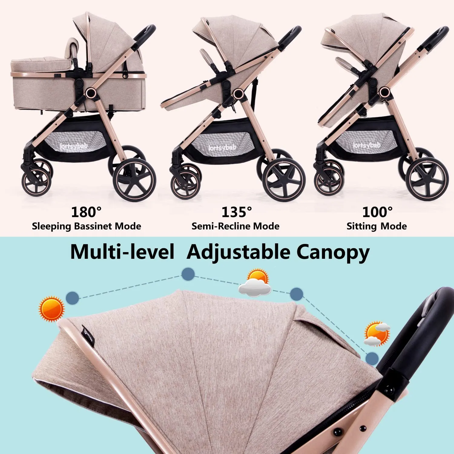 2-in-1 Baby Stroller with Bassinet Mode - Folding Infant Newborn Pram Stroller with Reversible Seat - Toddler Strollers for 0-36 Months Old Babies (Beige)