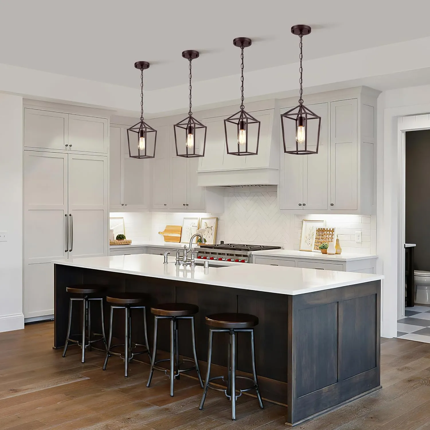 2-Pack Farmhouse Pendant Lights Kitchen Island, Pendant Light Fixtures Hanging Lamp for Dining Room, Modern Kitchen Pendant Lighting Over Island, Metal Cage Design, Brown
