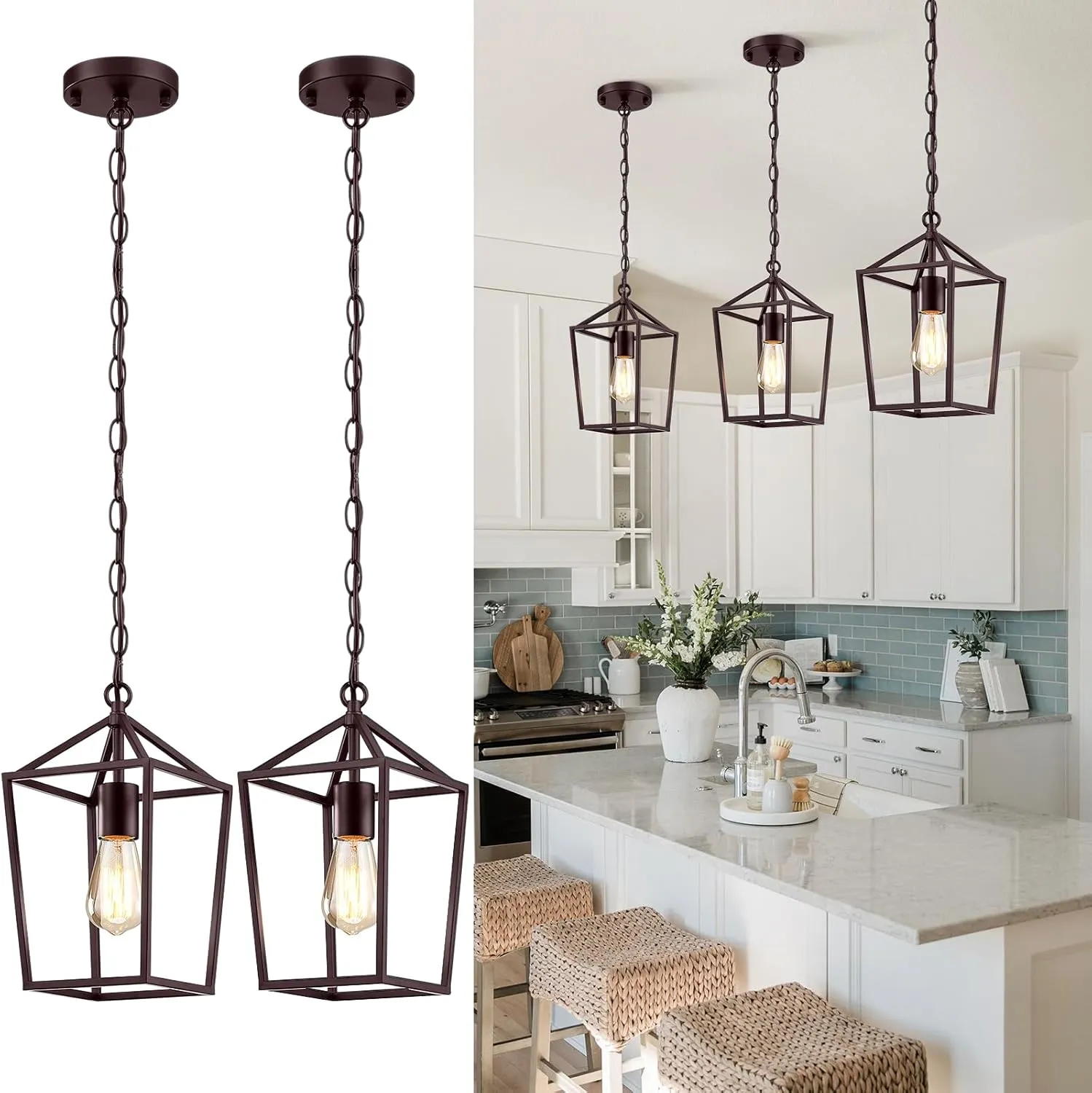 2-Pack Farmhouse Pendant Lights Kitchen Island, Pendant Light Fixtures Hanging Lamp for Dining Room, Modern Kitchen Pendant Lighting Over Island, Metal Cage Design, Brown