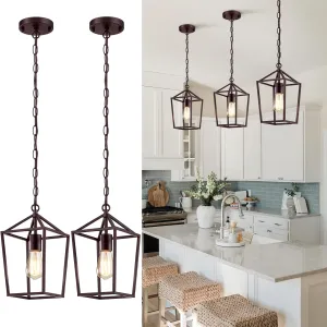 2-Pack Farmhouse Pendant Lights Kitchen Island, Pendant Light Fixtures Hanging Lamp for Dining Room, Modern Kitchen Pendant Lighting Over Island, Metal Cage Design, Brown