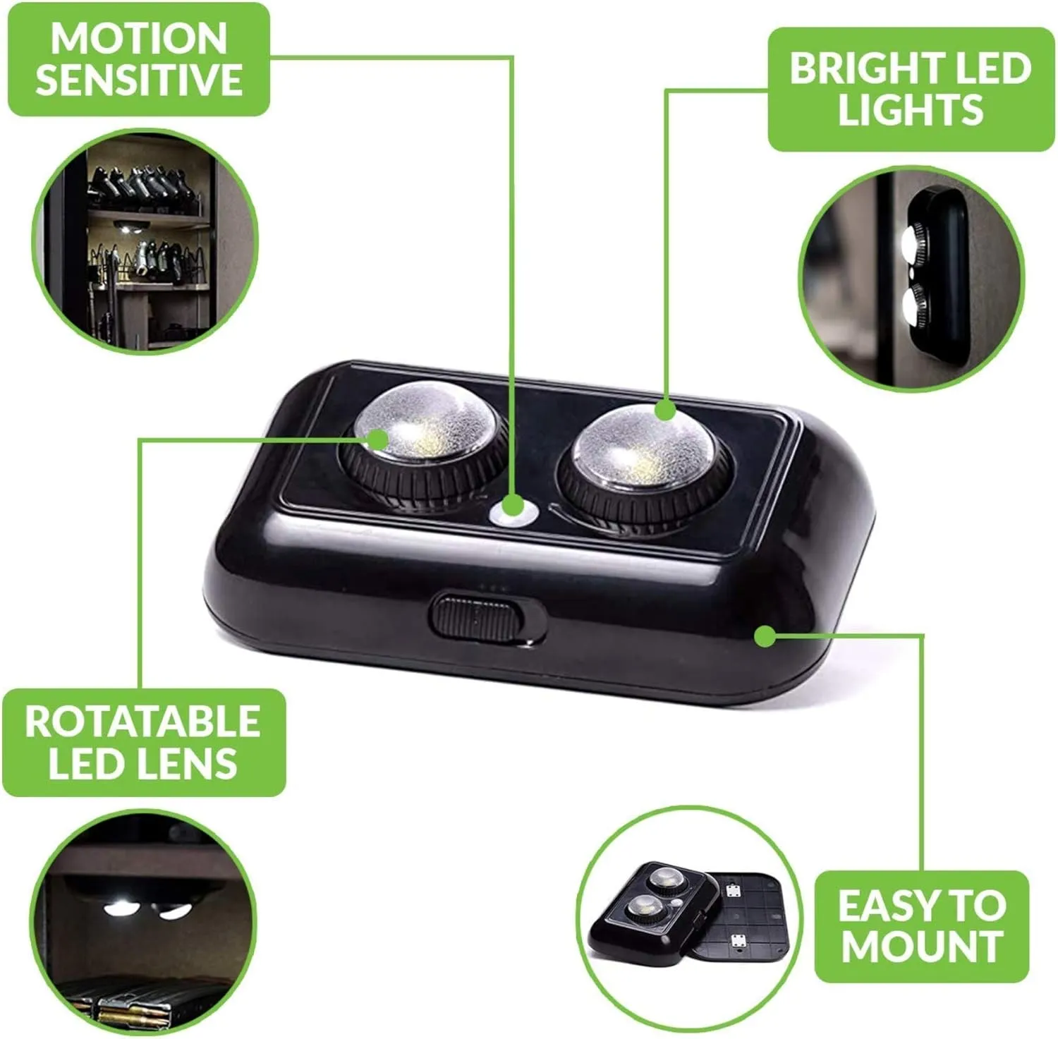 2-Pack Gun Safe Light - Magnetic PIR Motion Sensor LED Lights for Safe, Closet, and Cabinets - Mountable Light Bars with Adjustable Rotating Lens, Battery Operated - 10x6x1.5-Inch