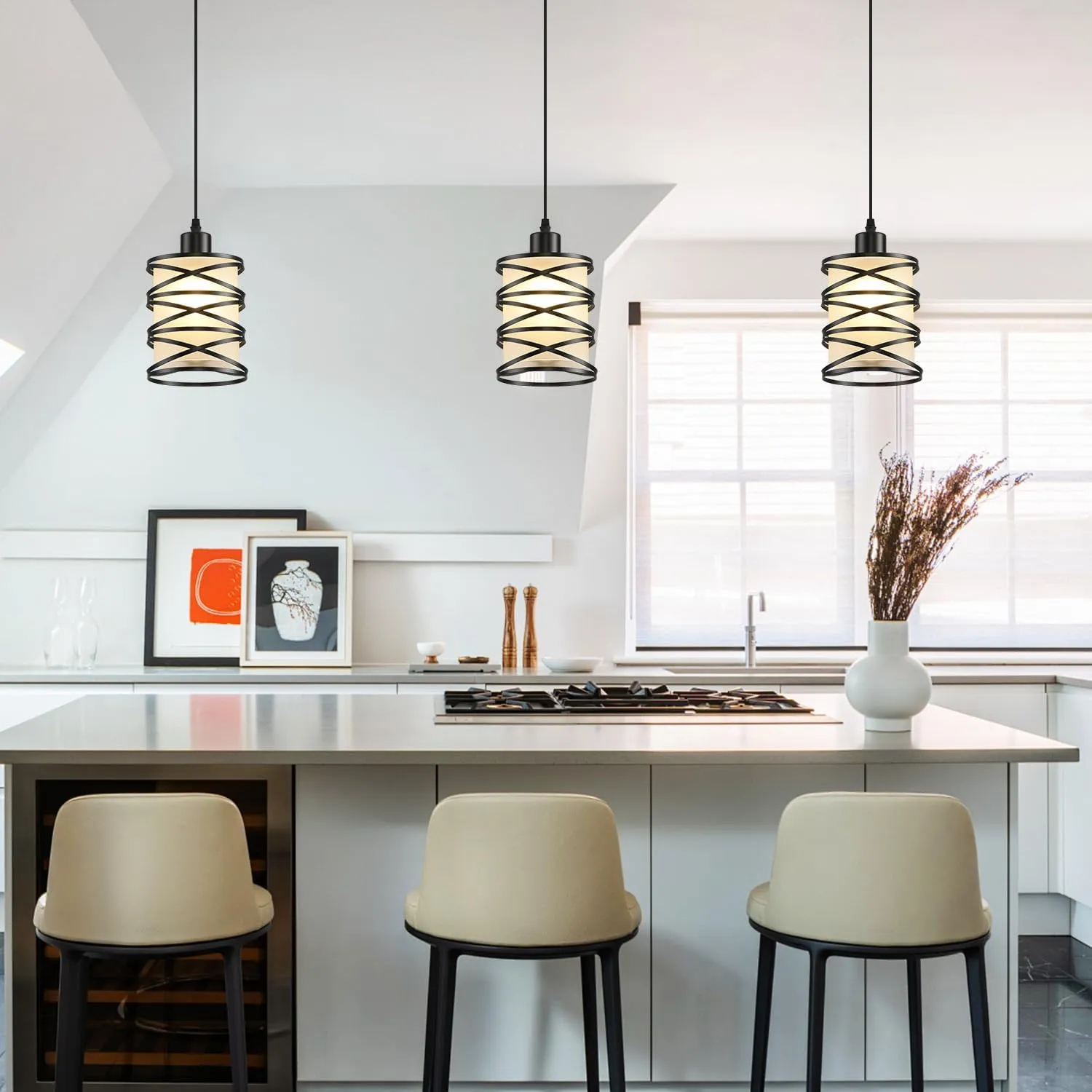 2 Pack Pendant Light Kitchen Island Pendant Lighting, Hanging Light with Spiral Cage Frosted Glass Shade, Black Modern Indoor Hanging Lamp for Dining Room Kitchen Island