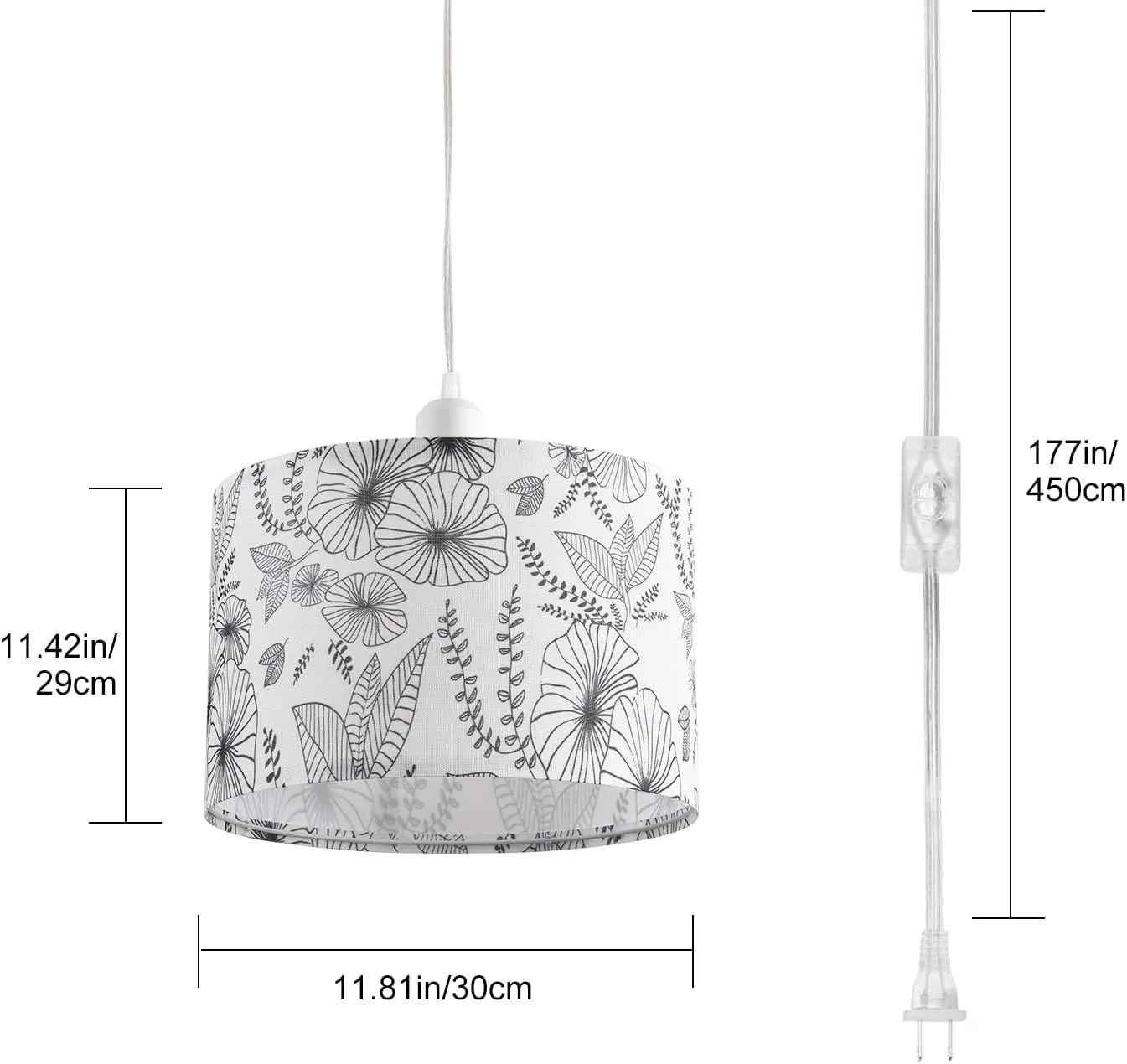 2 Pack Plug in Pendant Light, Hanging Light with 15Ft Clear Cord, On/Off Switch, Flower Fabric Lamp Shade, Hanging Light Fixture for Bedroom, Kitchen, Living Room, Dining Table