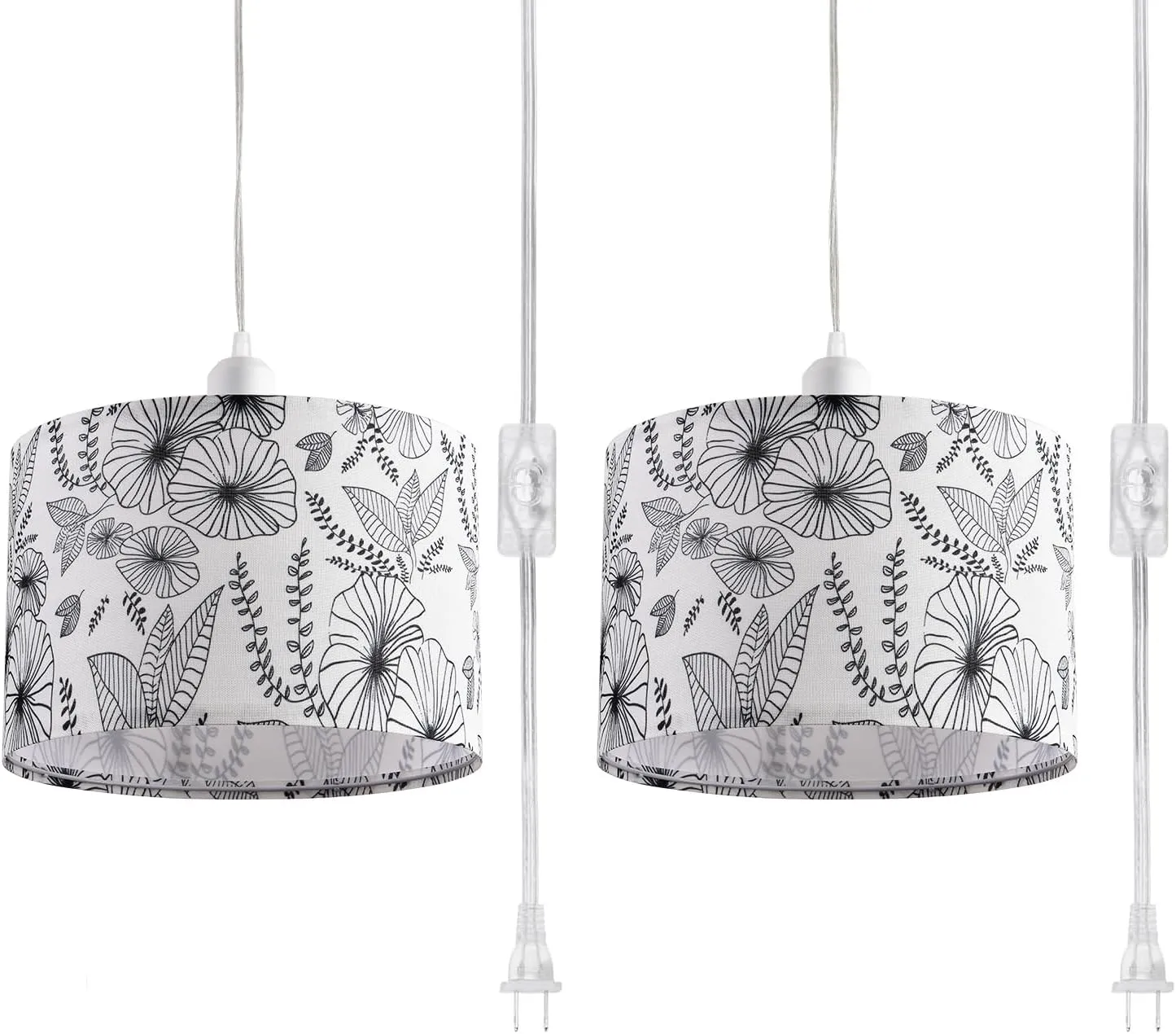 2 Pack Plug in Pendant Light, Hanging Light with 15Ft Clear Cord, On/Off Switch, Flower Fabric Lamp Shade, Hanging Light Fixture for Bedroom, Kitchen, Living Room, Dining Table