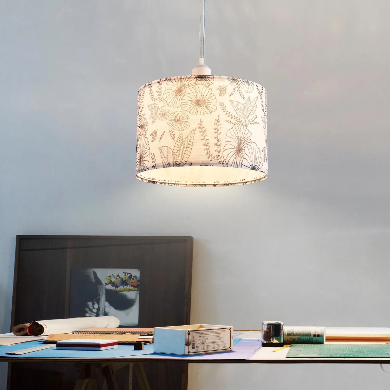2 Pack Plug in Pendant Light, Hanging Light with 15Ft Clear Cord, On/Off Switch, Flower Fabric Lamp Shade, Hanging Light Fixture for Bedroom, Kitchen, Living Room, Dining Table