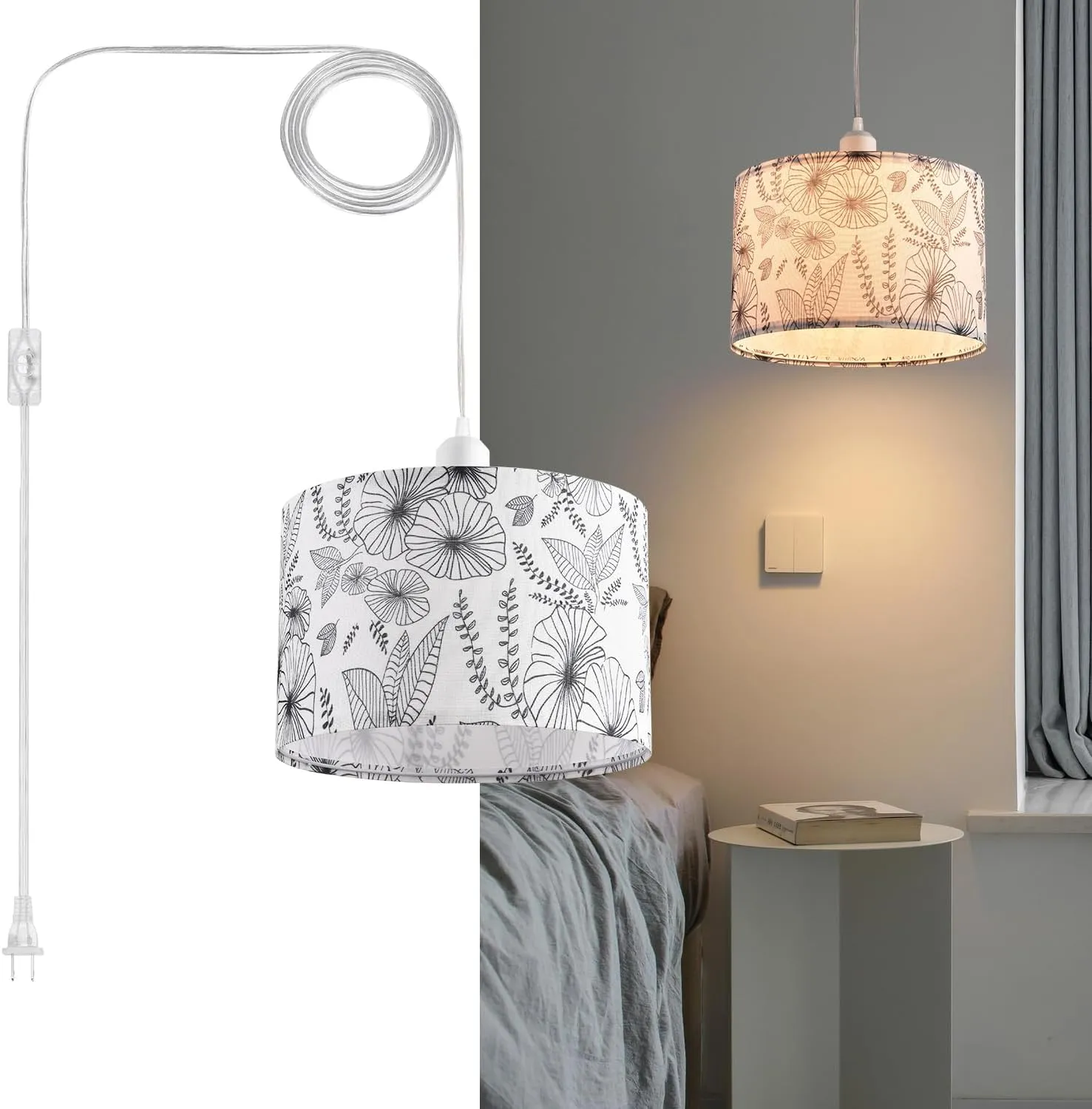 2 Pack Plug in Pendant Light, Hanging Light with 15Ft Clear Cord, On/Off Switch, Flower Fabric Lamp Shade, Hanging Light Fixture for Bedroom, Kitchen, Living Room, Dining Table