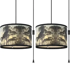 2 Piece Bamboo Pendant Light,Boho Hanging Lights with Plug in Cord （15ft）,Plug in Pendant Light with Pattern,Bohemian Hanging Lamps for Bedrooms Living Room Decor Bamboo lamp Shade Kitchen