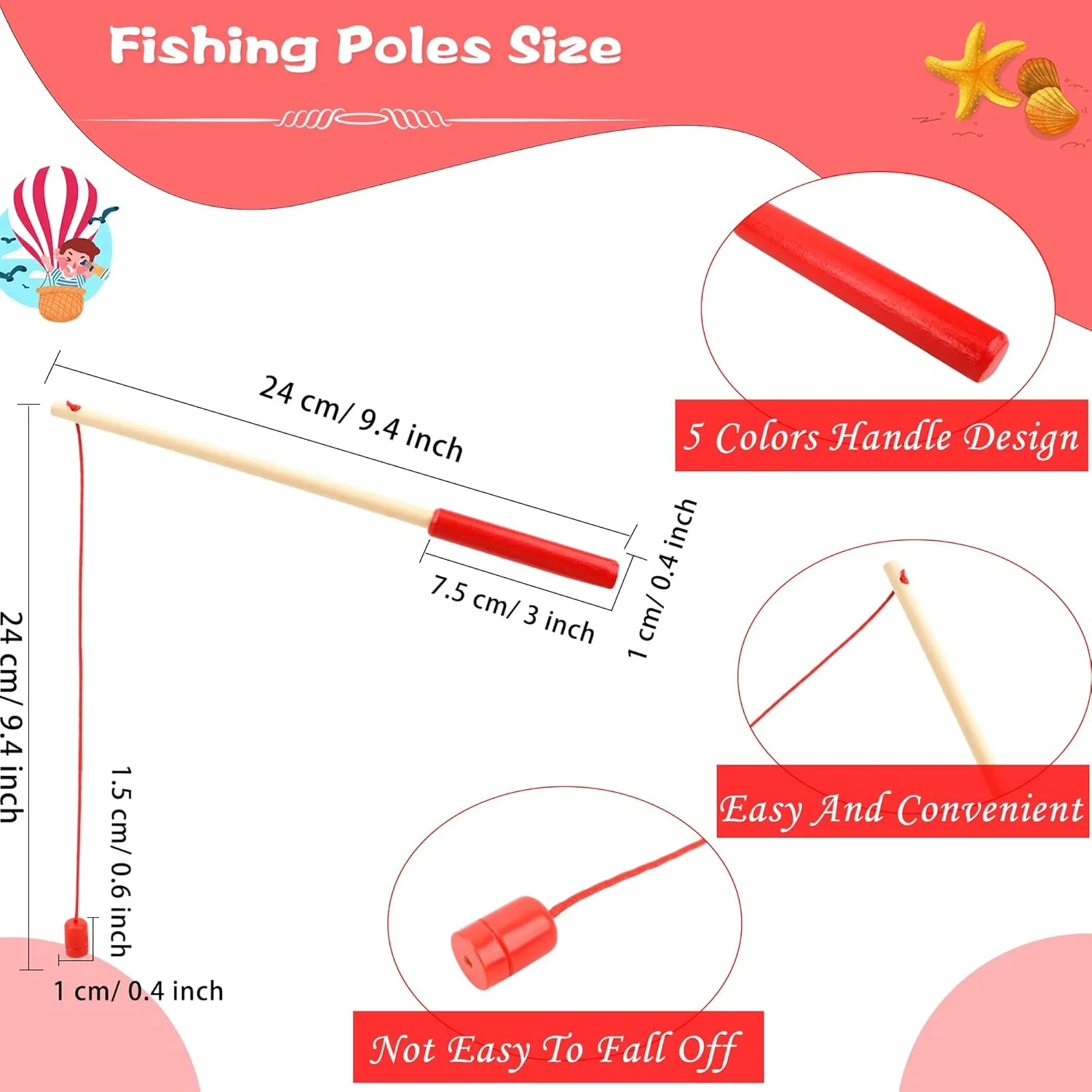 20 Pcs Magnetic Fishing Pole Fishing Rod Magnet Craft for Kids Toy Wooden Fishing Rod for Kindergarten Kids Fishing Game Activity (Color Set 2)