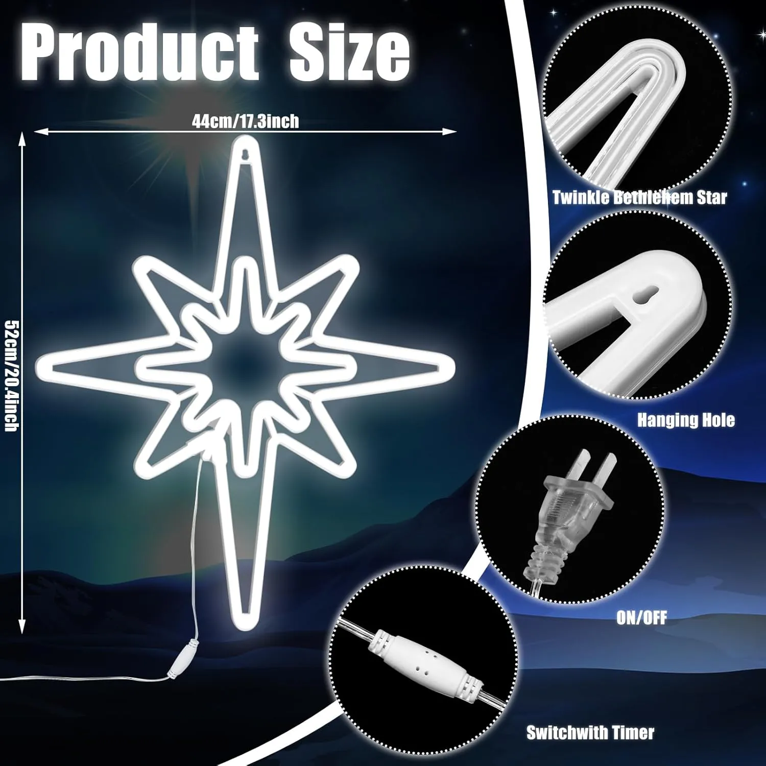 20 x 17.32 Inches LED Lighted Bethlehem Star Christmas Light, Christmas Silhouette Window Light Hanging Christmas Star Wall Decor Plug in Star of Bethlehem Outdoor Lights Tree (Cool White)