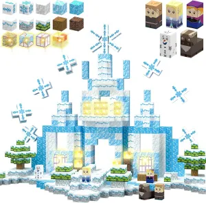 200PCS Magnetic Blocks Frozen Toys, 1" Light Up Building Blocks Magnet Cubes Tiles for Toddlers Boys Girls 3 , Build Princess Castle Snow World, STEM Sensory Construction Toys