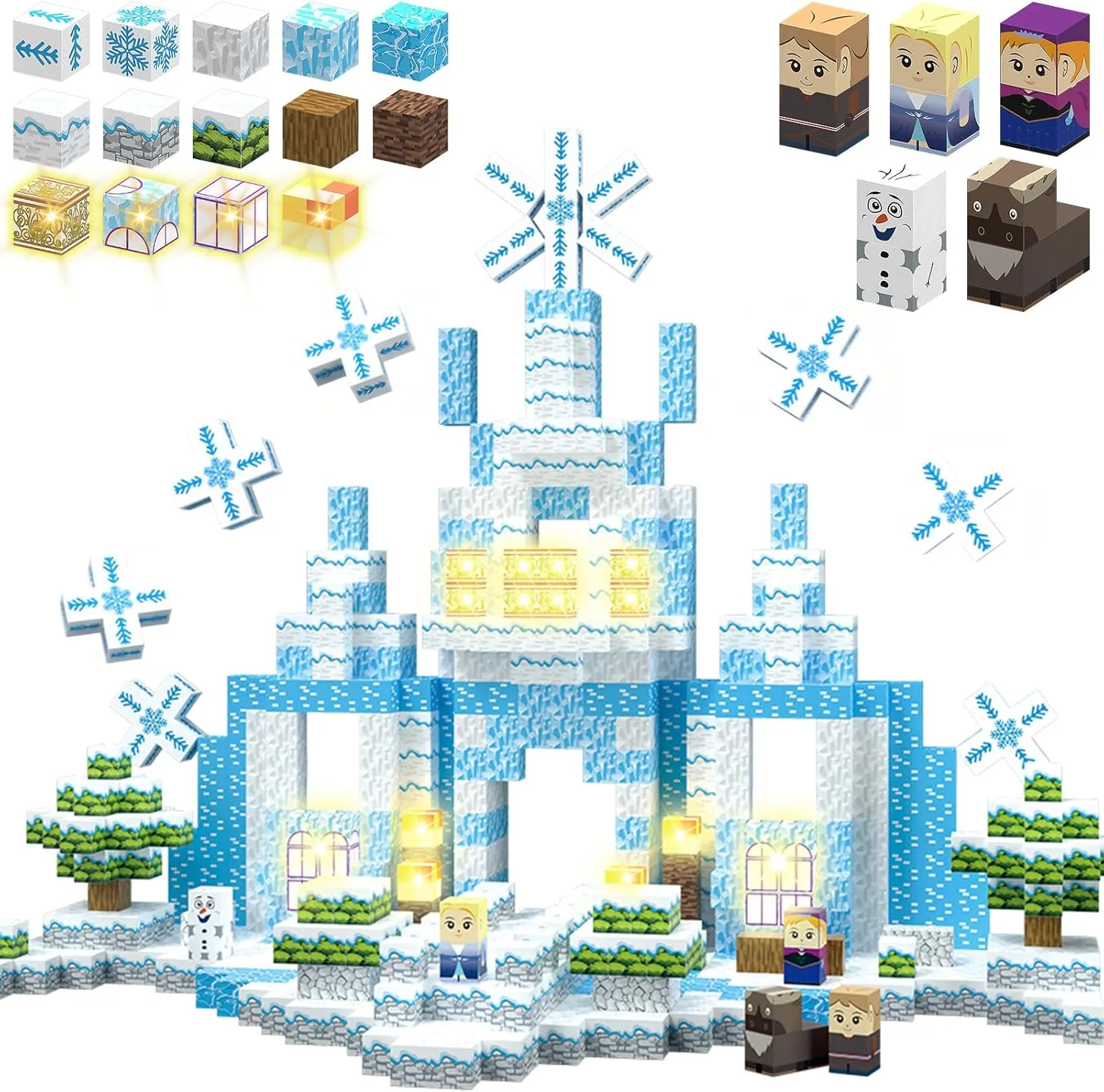 200PCS Magnetic Blocks Frozen Toys, 1" Light Up Building Blocks Magnet Cubes Tiles for Toddlers Boys Girls 3 , Build Princess Castle Snow World, STEM Sensory Construction Toys