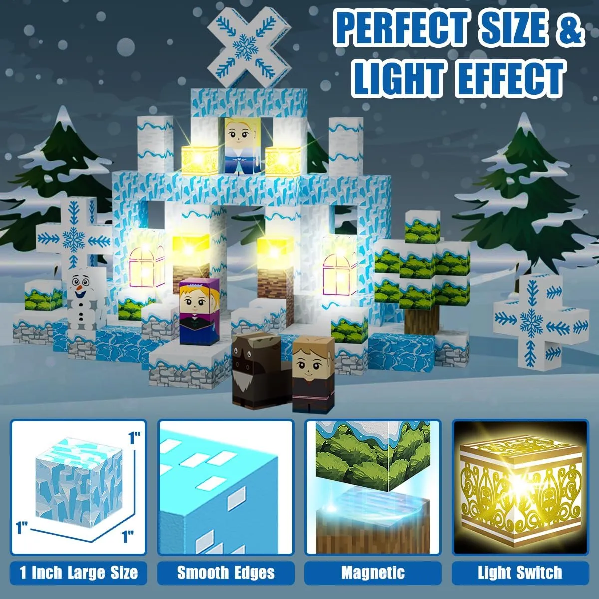 200PCS Magnetic Blocks Frozen Toys, 1" Light Up Building Blocks Magnet Cubes Tiles for Toddlers Boys Girls 3 , Build Princess Castle Snow World, STEM Sensory Construction Toys