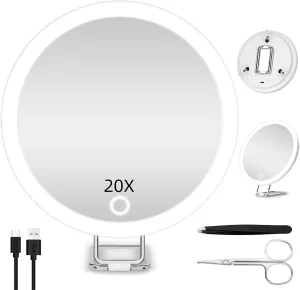 20X Magnifying Mirror with Lights, 6'' Makeup Magnified Mirror 20X High Magnification with Suction Cups & Table Stand, Travel Magnification with Tweezers and Scissors Set for Women/Men