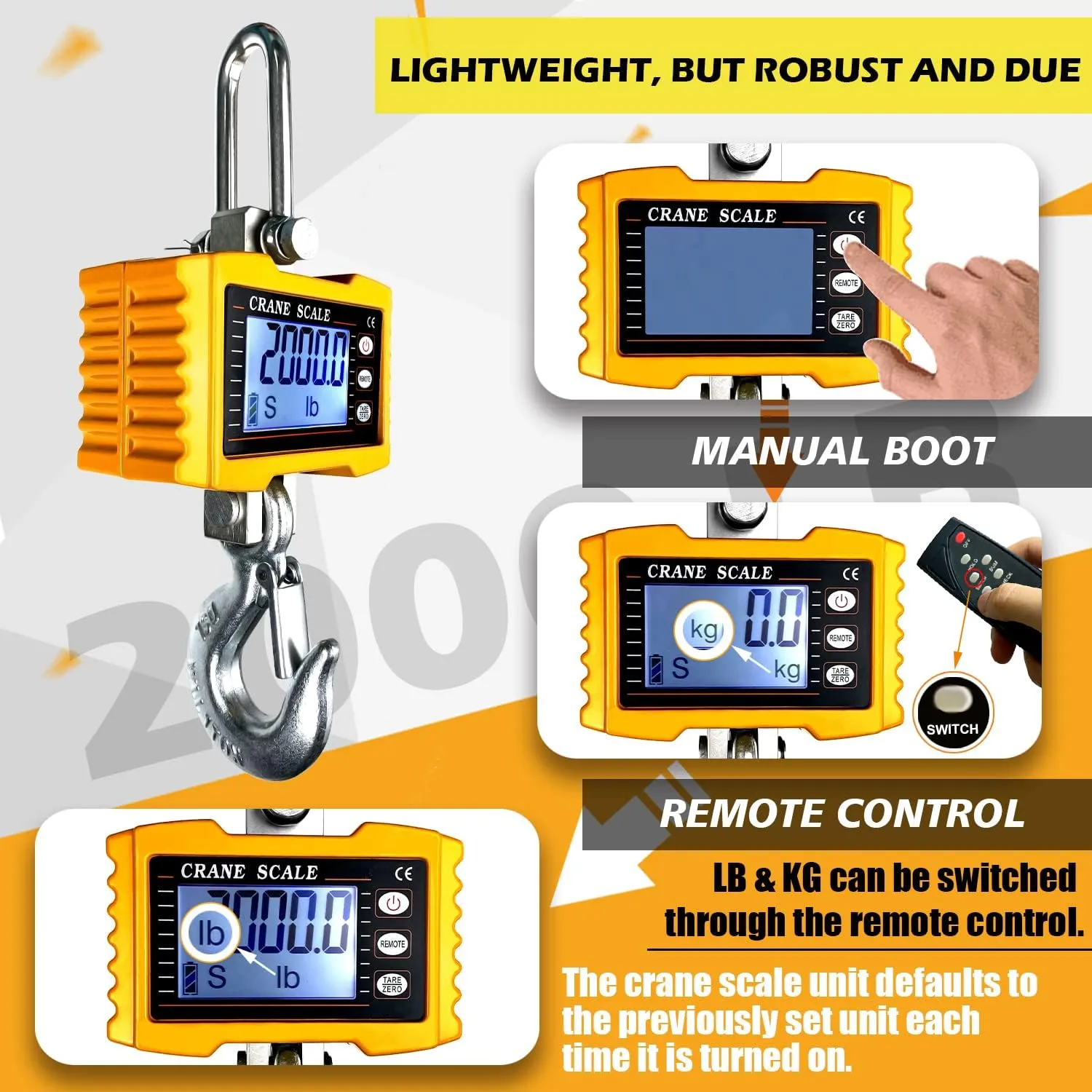 2200lb Digital Crane Scale High Precision Heavy Duty Industrial Hanging Scale with Remote Control Aluminum Case CE Certified Electronic Weighing Crane Scale, for Garage Farm Hunting Fishing