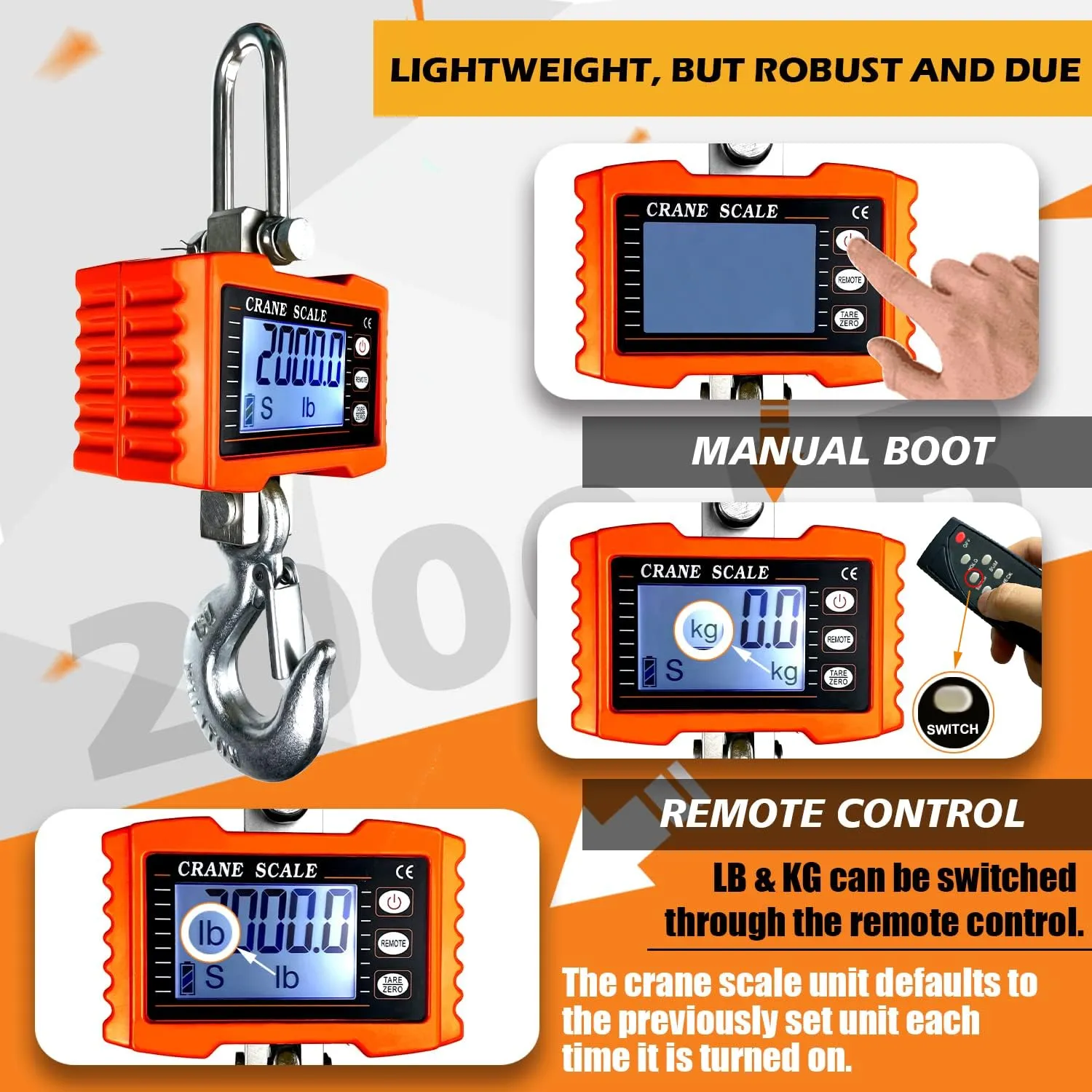 2200lb Digital Crane Scale High Precision Heavy Duty Industrial Hanging Scale with Remote Control Aluminum Case CE Certified Electronic Weighing Crane Scale, for Garage Farm Hunting (Orange)