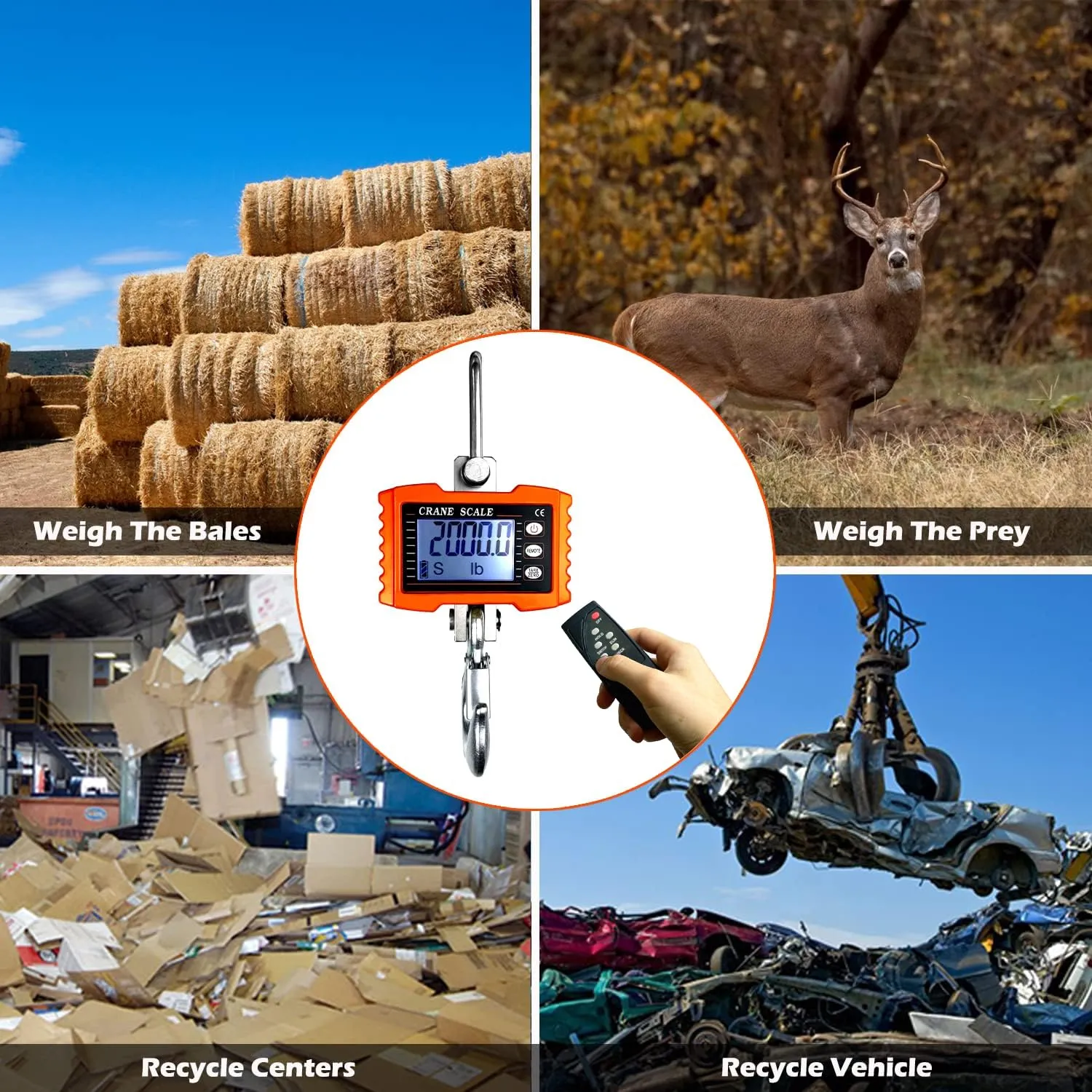 2200lb Digital Crane Scale High Precision Heavy Duty Industrial Hanging Scale with Remote Control Aluminum Case CE Certified Electronic Weighing Crane Scale, for Garage Farm Hunting (Orange)