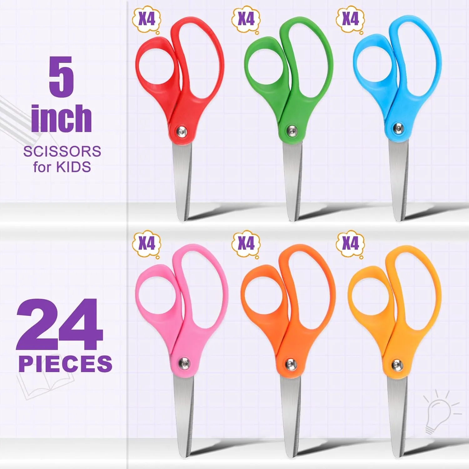 24 Packs 5" Small School Student Blunt Tip Craft Kids Scissors, Stainless Steel Blades Comfort Grip 5 Inch Safety Scissors Bulk for Children Toodler Cutting Paper