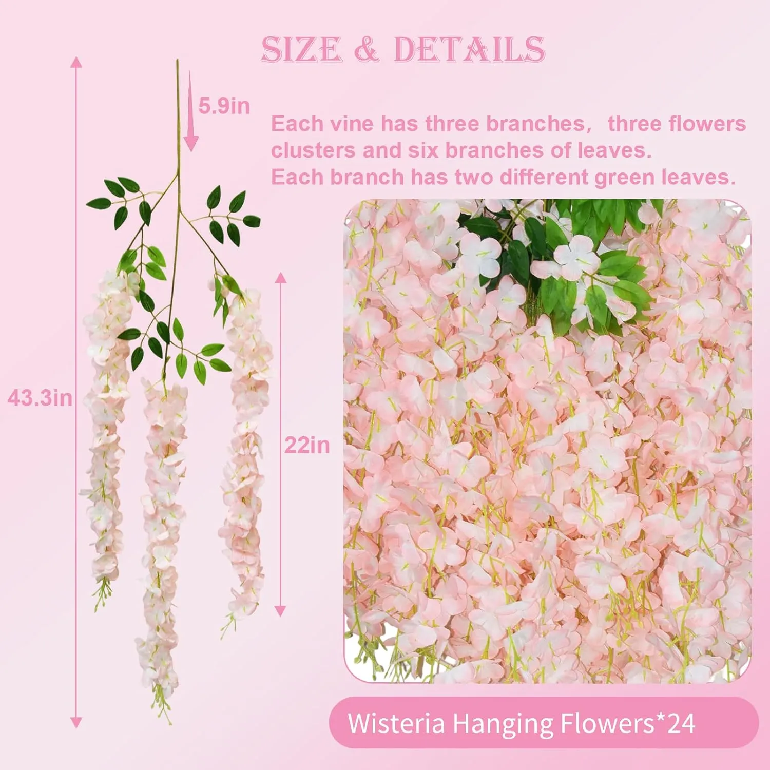 24 PCS Wisteria Hanging Flowers, 3.6ft Fake Wisteria Vines Artificial Wisteria Garland Silk Flower String for Wedding Arch Garden Party Home Ceiling Wall Backdrop Tent Decoration (Light Pink)