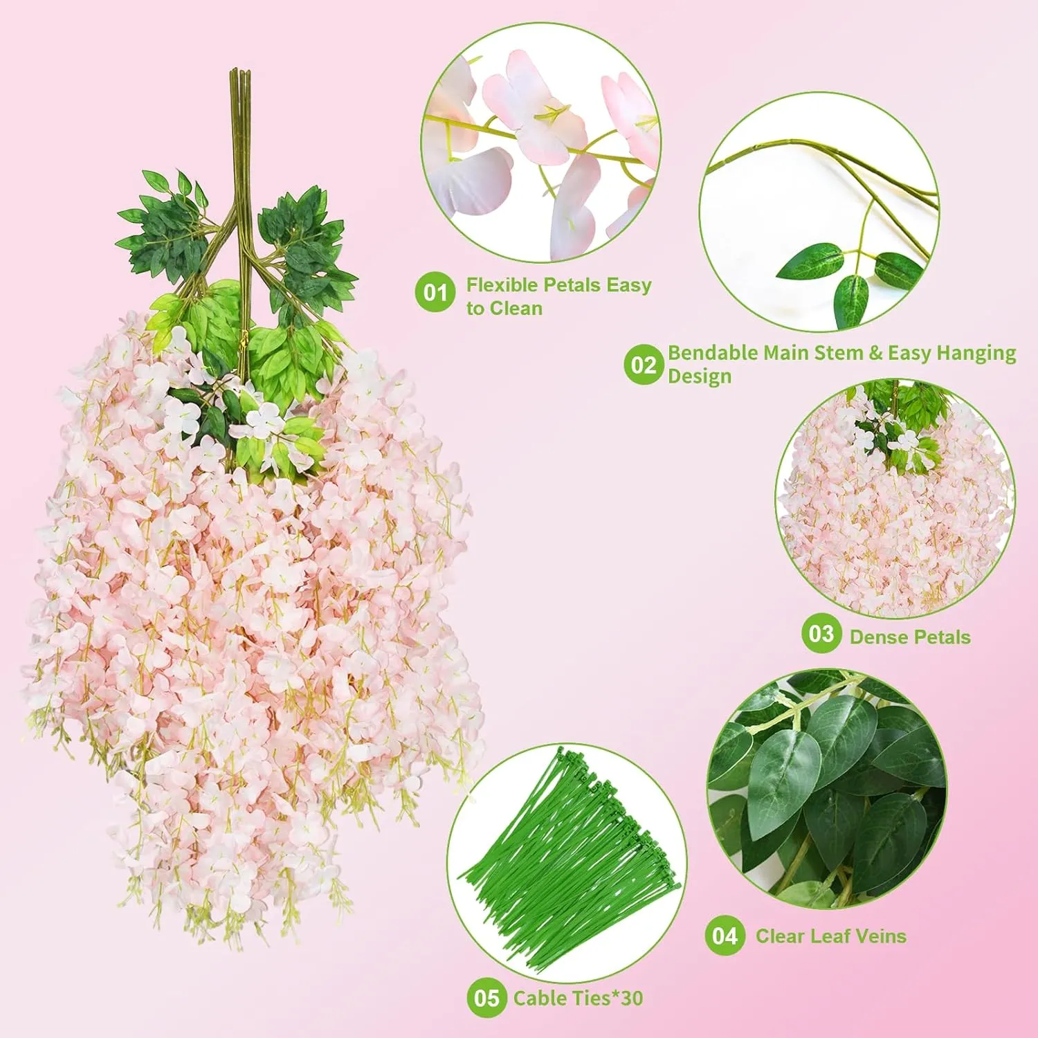 24 PCS Wisteria Hanging Flowers, 3.6ft Fake Wisteria Vines Artificial Wisteria Garland Silk Flower String for Wedding Arch Garden Party Home Ceiling Wall Backdrop Tent Decoration (Light Pink)