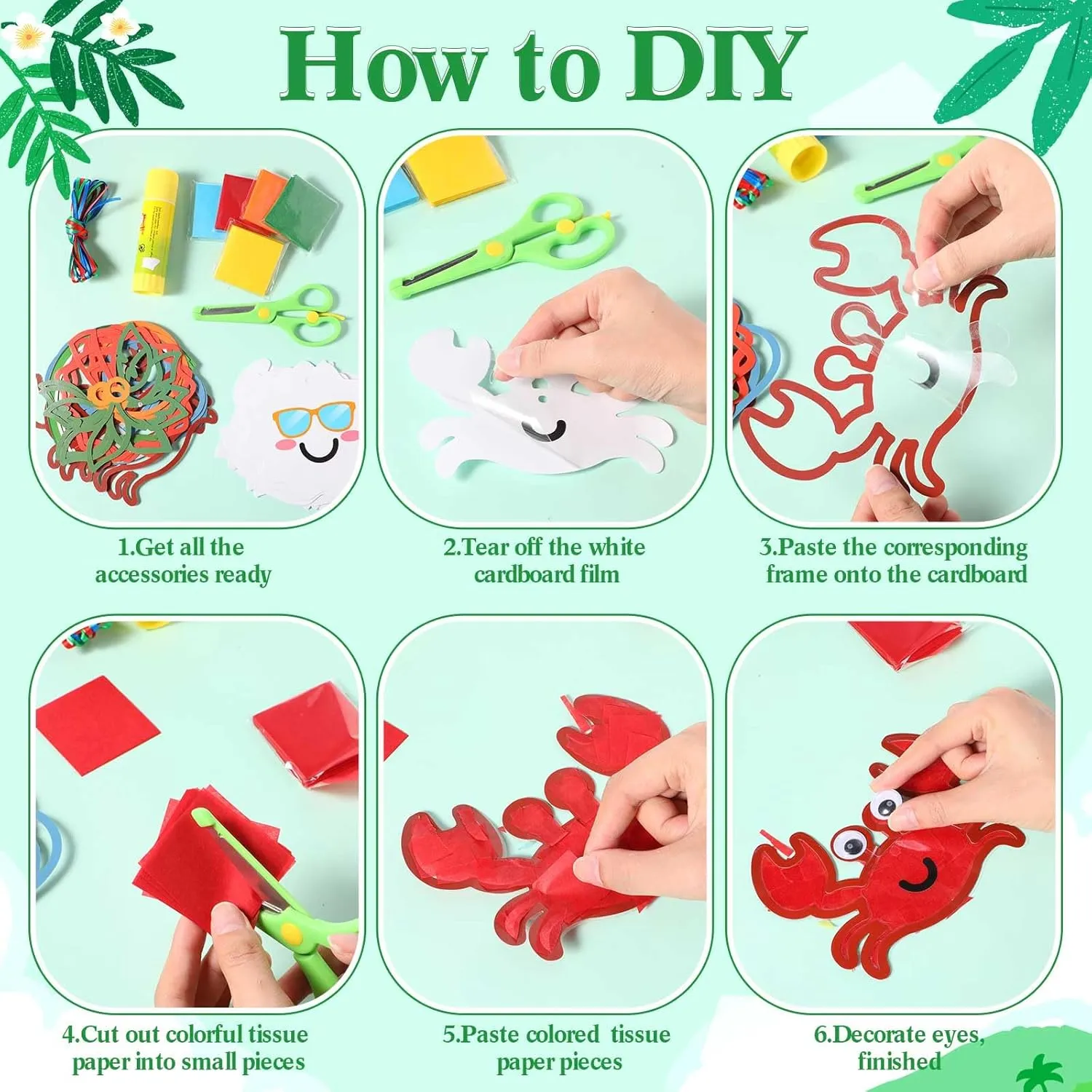 24 Sets Summer Crafts Kit DIY Beach Tropical Paper Crafts with Colored Tissue Paper Sticker Tools Luau Hawaii Palm Flip Flops Hanging Ornaments Suncatcher for Window Classroom Activity Home