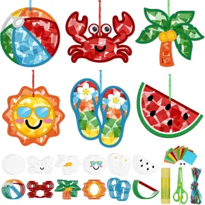 24 Sets Summer Crafts Kit DIY Beach Tropical Paper Crafts with Colored Tissue Paper Sticker Tools Luau Hawaii Palm Flip Flops Hanging Ornaments Suncatcher for Window Classroom Activity Home