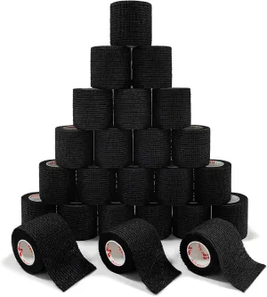 [24Pack 2" x5 Yards] Carbou-Self Adhesive Bandages Sports Wrap, Athletic Elastic Cohesive Bandage for Sports, Injuries, Treatments, and Recovery, First Aid Tape Vet Wrap for Cat, Dog Black
