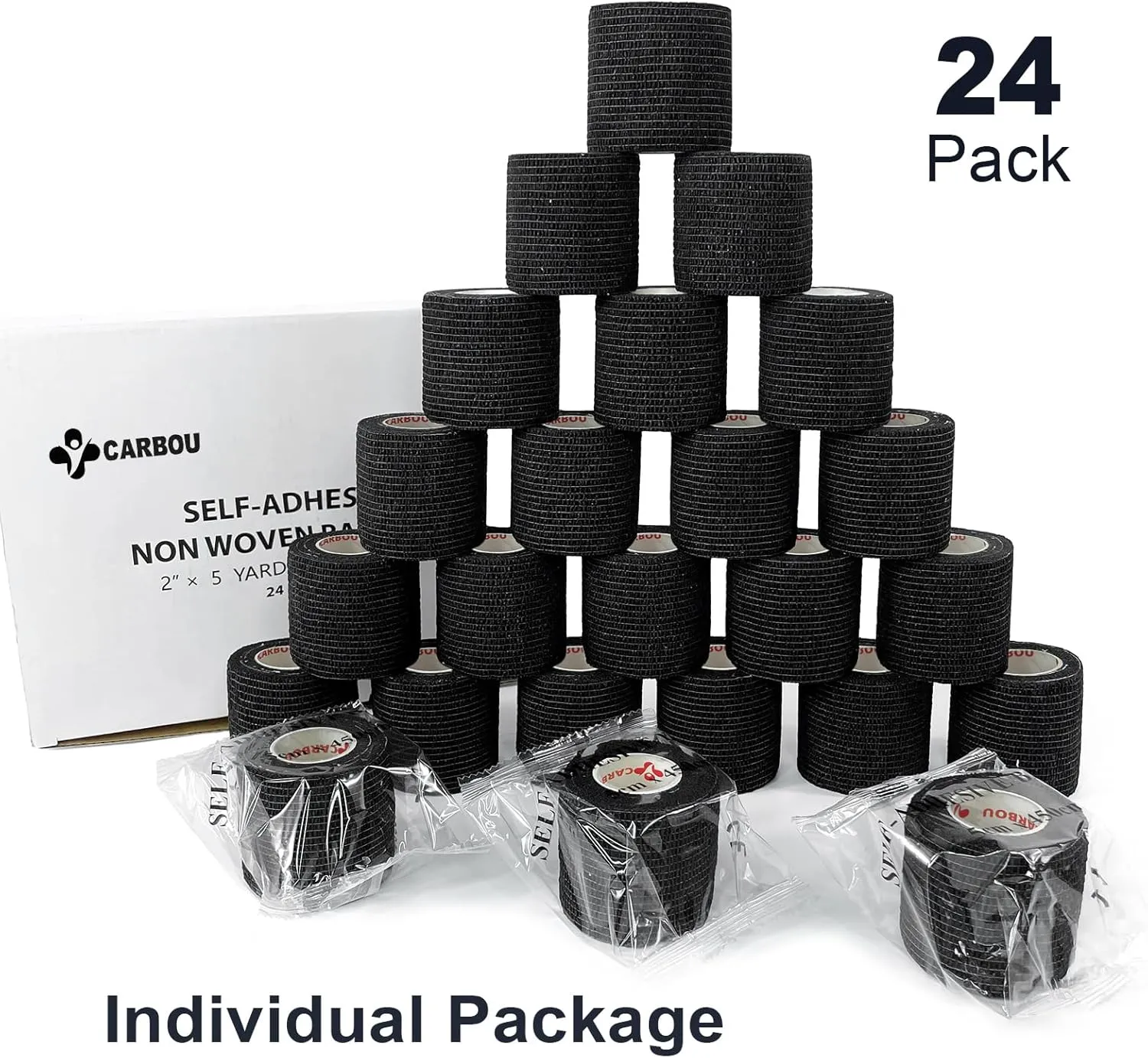 [24Pack 2" x5 Yards] Carbou-Self Adhesive Bandages Sports Wrap, Athletic Elastic Cohesive Bandage for Sports, Injuries, Treatments, and Recovery, First Aid Tape Vet Wrap for Cat, Dog Black