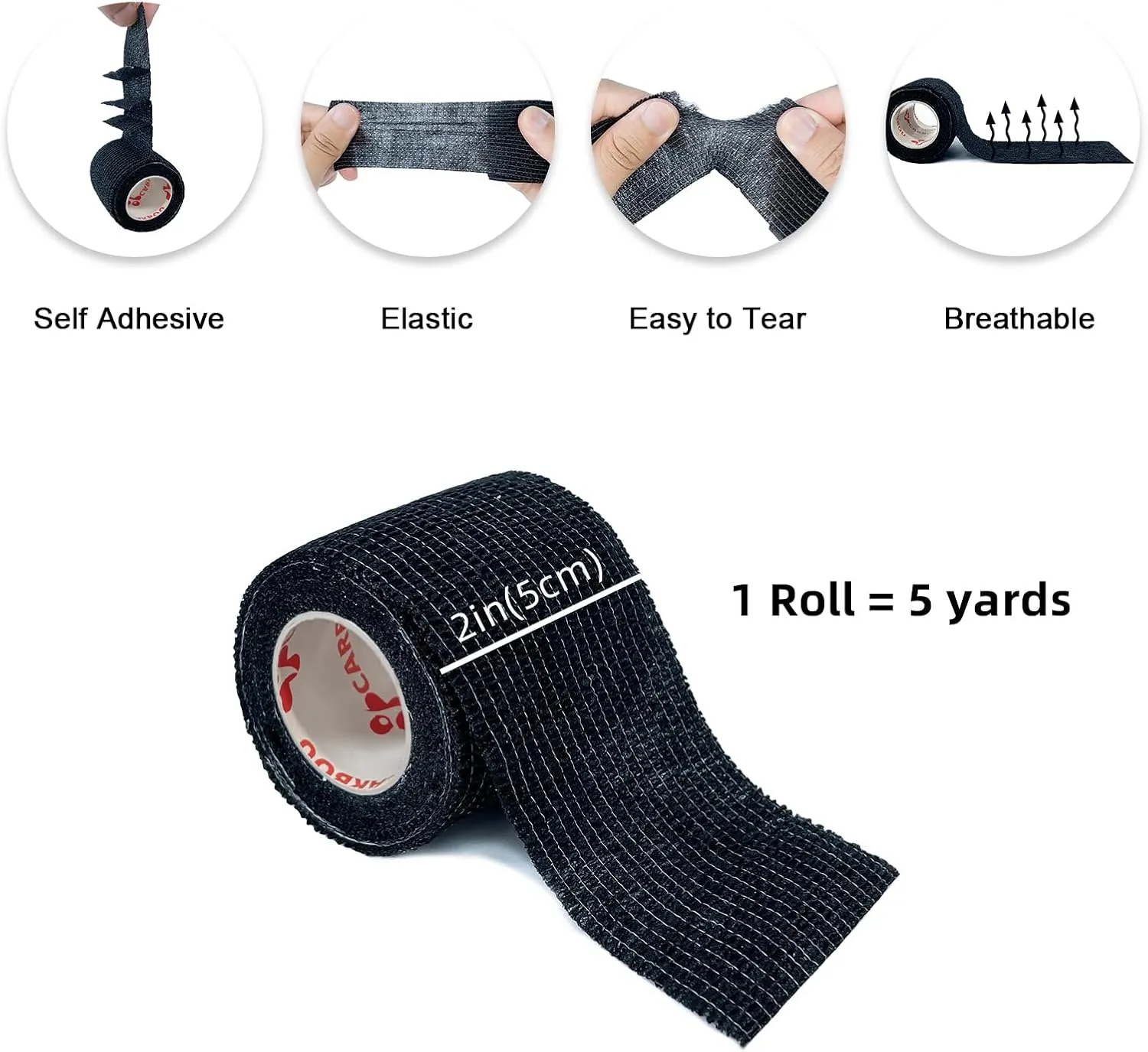 [24Pack 2" x5 Yards] Carbou-Self Adhesive Bandages Sports Wrap, Athletic Elastic Cohesive Bandage for Sports, Injuries, Treatments, and Recovery, First Aid Tape Vet Wrap for Cat, Dog Black