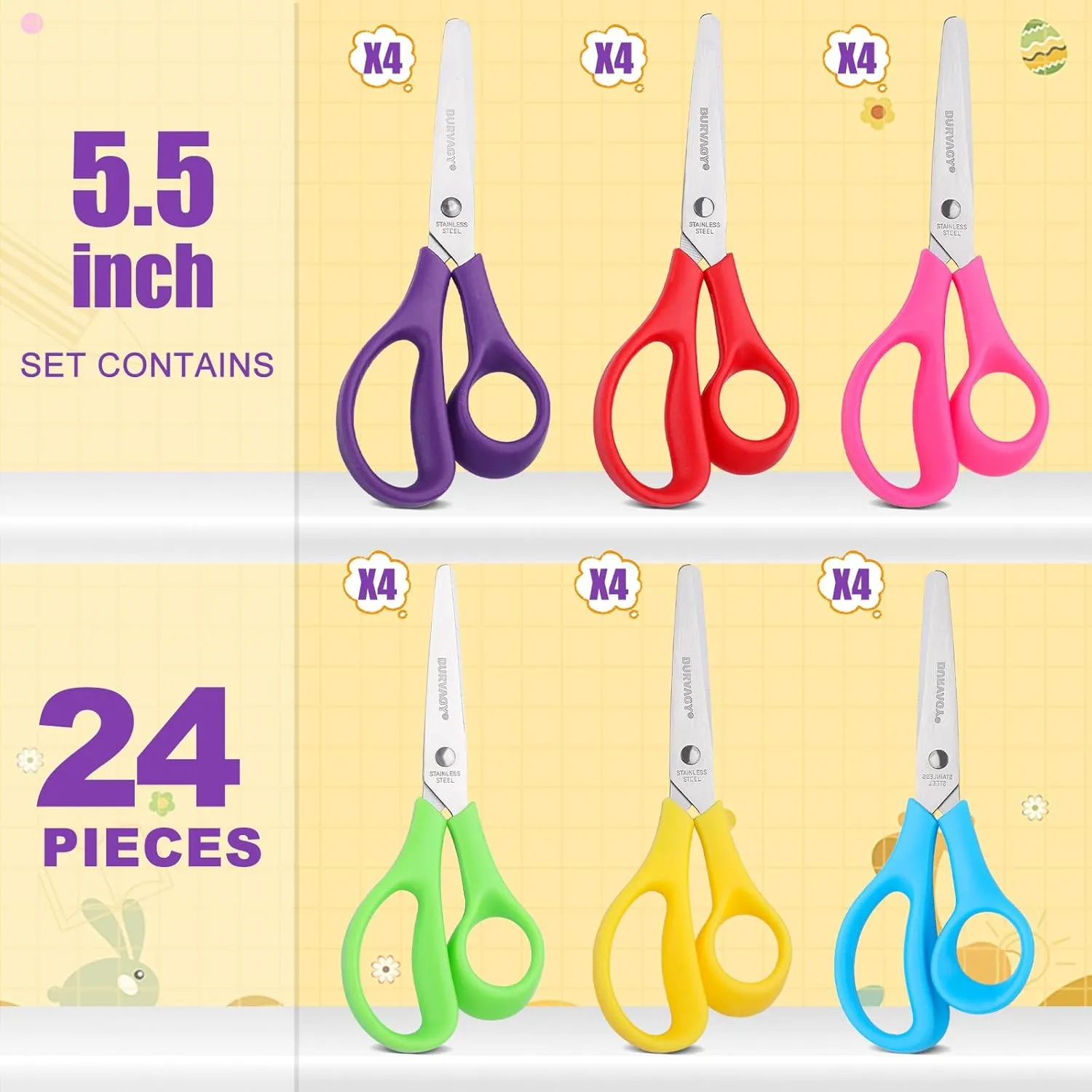 24Pack 5.5" Safety Small School Kids Student Round Blunt Tip Craft Scissors Bulk, Stainless Steel Blades Comfort Grip Scissors for Kid Children Kindergarten Cutting Paper