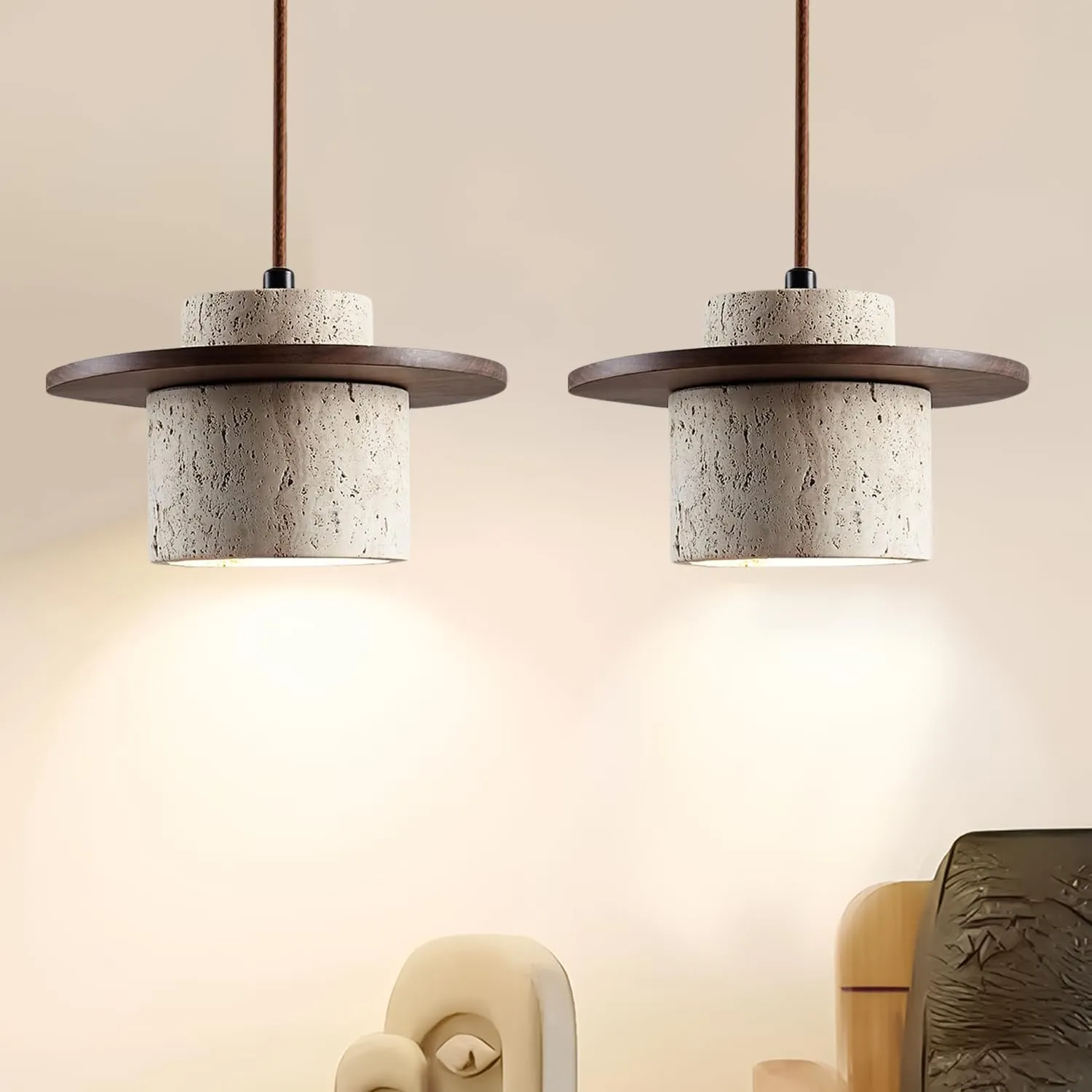 2pcs Wabi Sabi Pendant Light Nordic Marble Chandeliers Natural Stone Shade Simple Light Fixture for Dining Room Bedside Kitchen Island Hallway