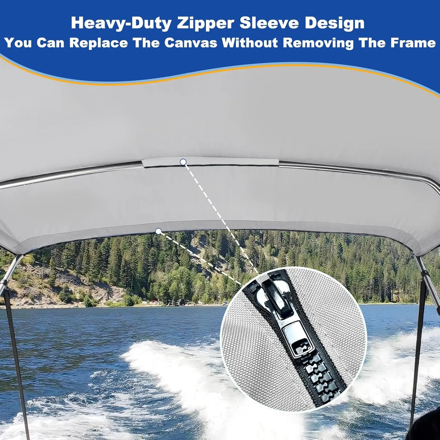 3 Bow Bimini Top Replacement Canvas for Boat with Light Hole and Storage Boot, Easy Install Zipper Sleeves, Heavy Duty Waterproof, 900D Marine Sun Shade Boat Canopy Without Frame, 6'L 54"-60" W Grey