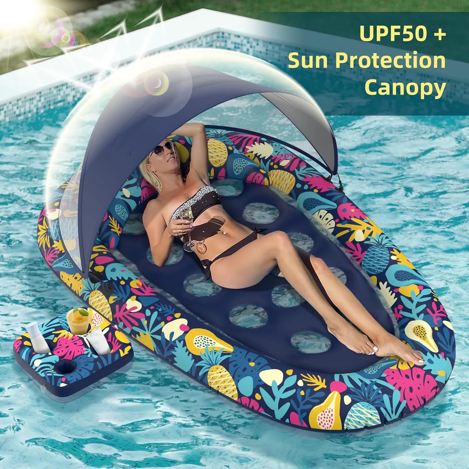 3-in-1 Pool Floats with Canopy and Cup Holder, 73" x 48" Inflatable Pool Floats for Adults Lounger Raft Floating Chair for Swimming Pool Lake Water Lounge Float Beach Pool Party Toys