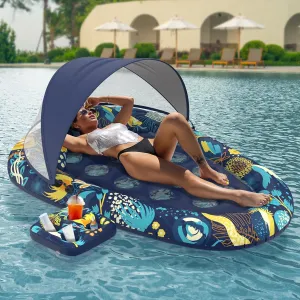 3-in-1 Pool Floats with Canopy and Cup Holder, 73" x 48" Inflatable Pool Floats for Adults Lounger Raft Floating Chair for Swimming Pool Lake Water Lounge Float Beach Pool Party Toys