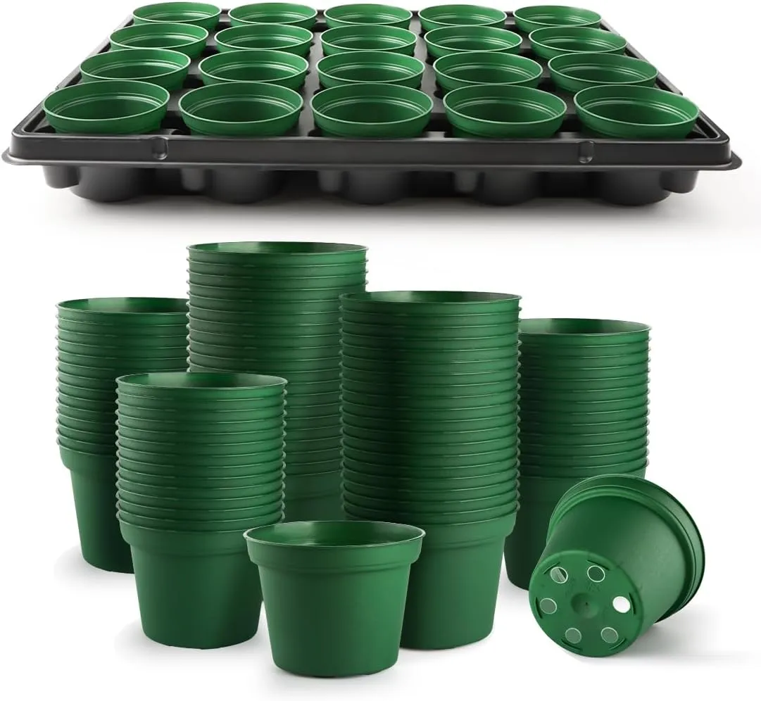 3 Inch Nursery Pots 100 Pcs with 5 Pcs 20 Cell Nursery Pot Trays, 5 Sets Seed Starting Kit for Seedlings, Propagation and Home Gardening, Sturdy Green Seeds Starter Pot Tray Germination Set