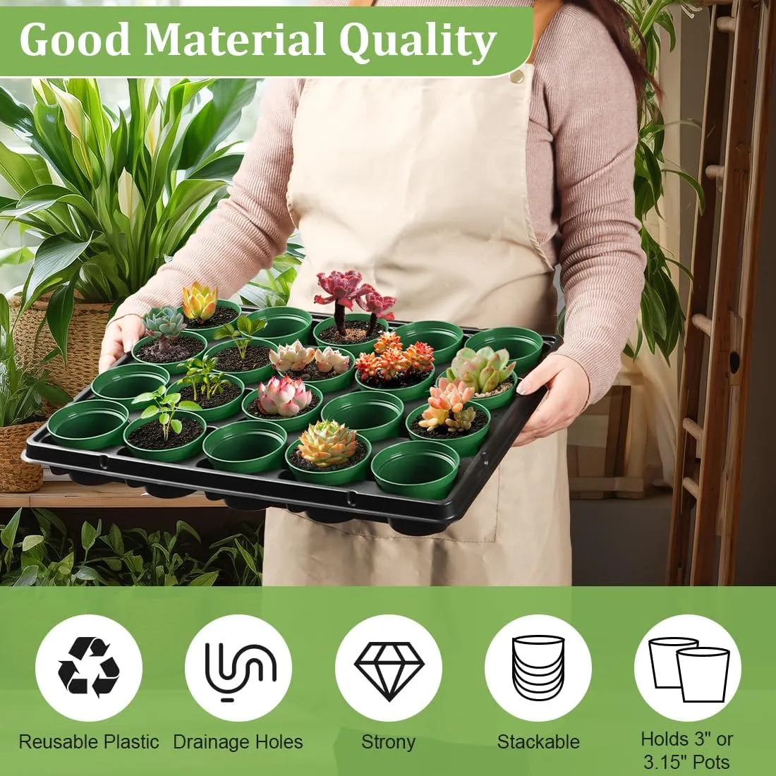 3 Inch Nursery Pots 100 Pcs with 5 Pcs 20 Cell Nursery Pot Trays, 5 Sets Seed Starting Kit for Seedlings, Propagation and Home Gardening, Sturdy Green Seeds Starter Pot Tray Germination Set
