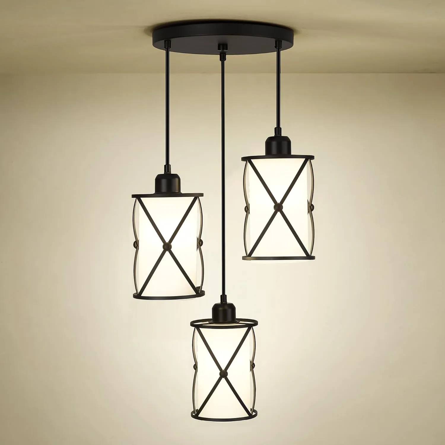 3-Light Dining Room Chandelier Light Fixtures, Black Pendant Lighting with Frosted Glass, Modern Kitchen Island Cluster Hanging Pendant Lights for Sink, CH9176BKW3