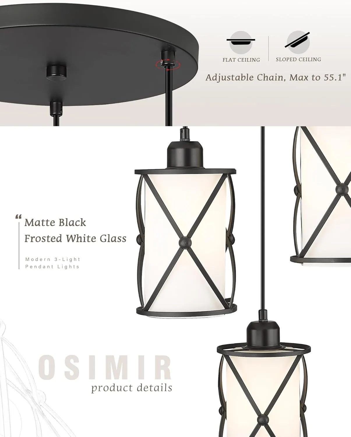 3-Light Dining Room Chandelier Light Fixtures, Black Pendant Lighting with Frosted Glass, Modern Kitchen Island Cluster Hanging Pendant Lights for Sink, CH9176BKW3