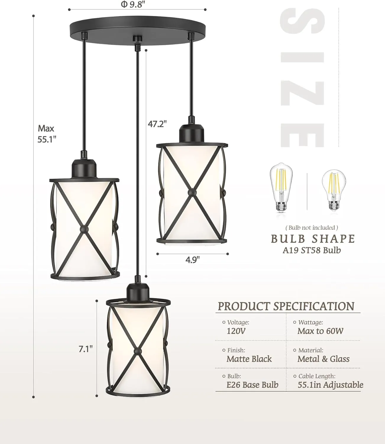 3-Light Dining Room Chandelier Light Fixtures, Black Pendant Lighting with Frosted Glass, Modern Kitchen Island Cluster Hanging Pendant Lights for Sink, CH9176BKW3