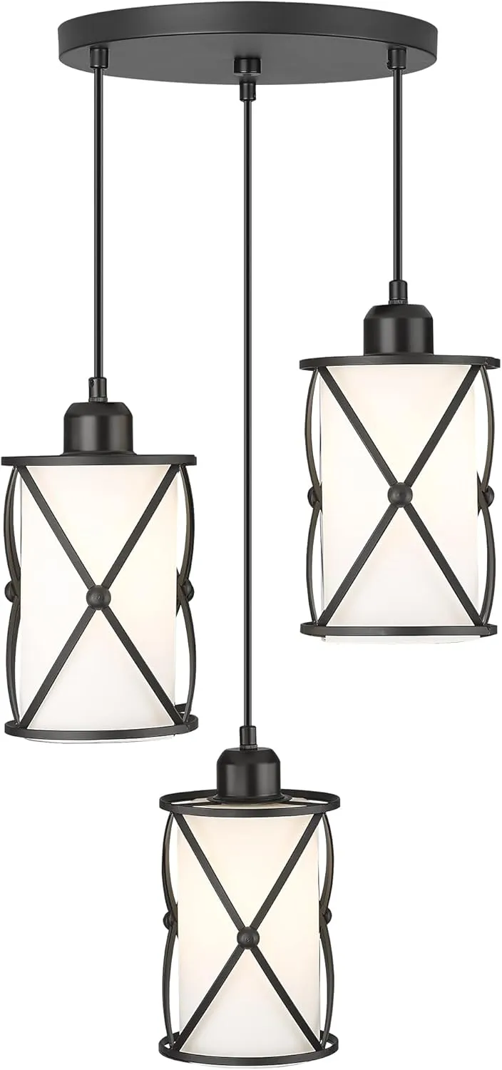 3-Light Dining Room Chandelier Light Fixtures, Black Pendant Lighting with Frosted Glass, Modern Kitchen Island Cluster Hanging Pendant Lights for Sink, CH9176BKW3