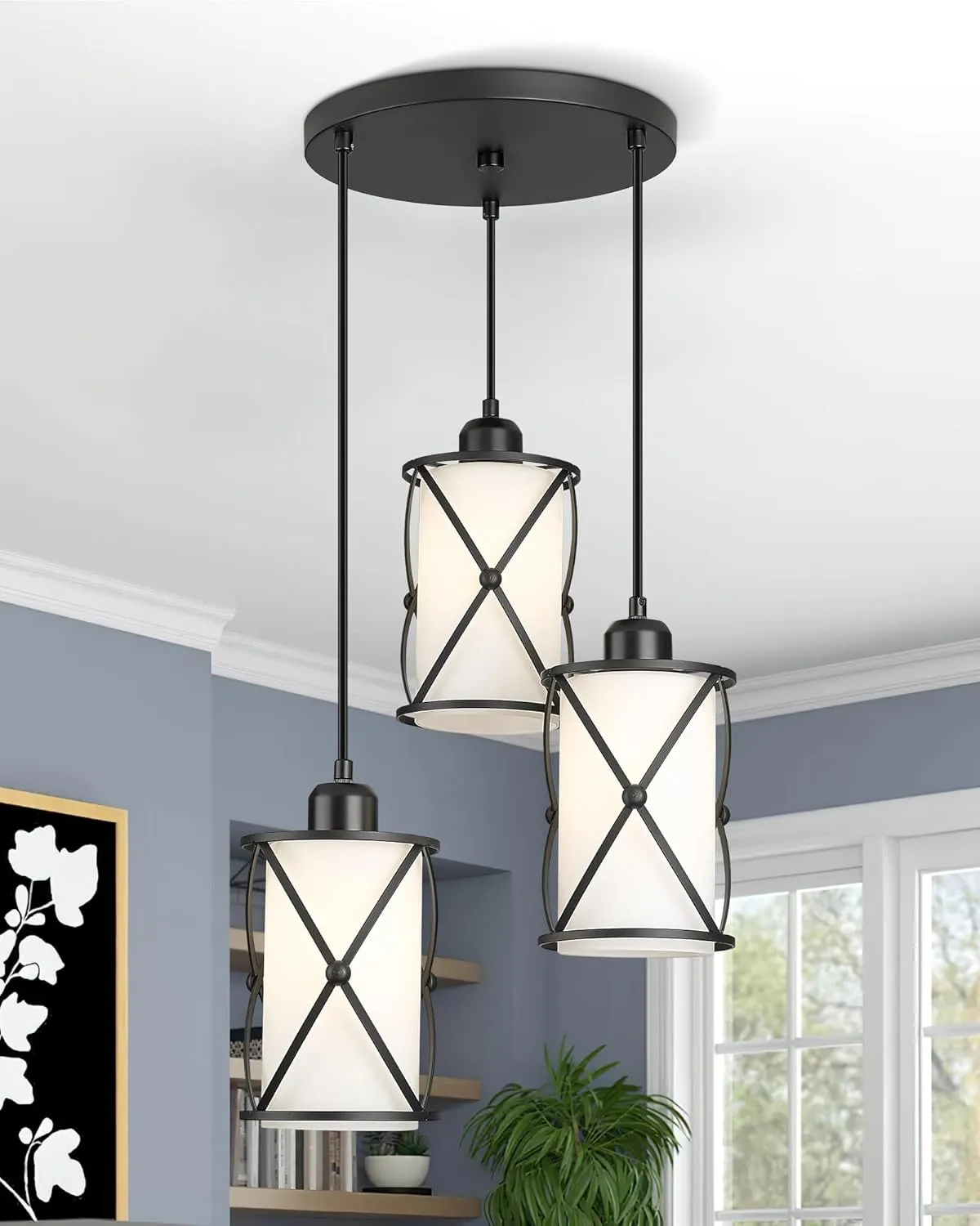 3-Light Dining Room Chandelier Light Fixtures, Black Pendant Lighting with Frosted Glass, Modern Kitchen Island Cluster Hanging Pendant Lights for Sink, CH9176BKW3