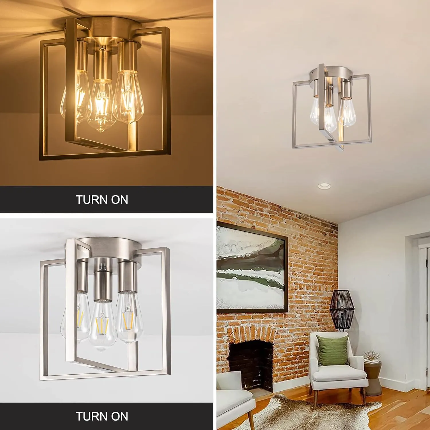 3-Light Flush Mount Light Fixture,Brushed Nickel Metal Frame Ceiling Light Fixture with Contemporary Geometric Metal Cage,for Living Room Kitchen Dining Room Bedrooms Foyer Hallways,