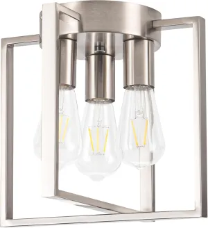 3-Light Flush Mount Light Fixture,Brushed Nickel Metal Frame Ceiling Light Fixture with Contemporary Geometric Metal Cage,for Living Room Kitchen Dining Room Bedrooms Foyer Hallways,