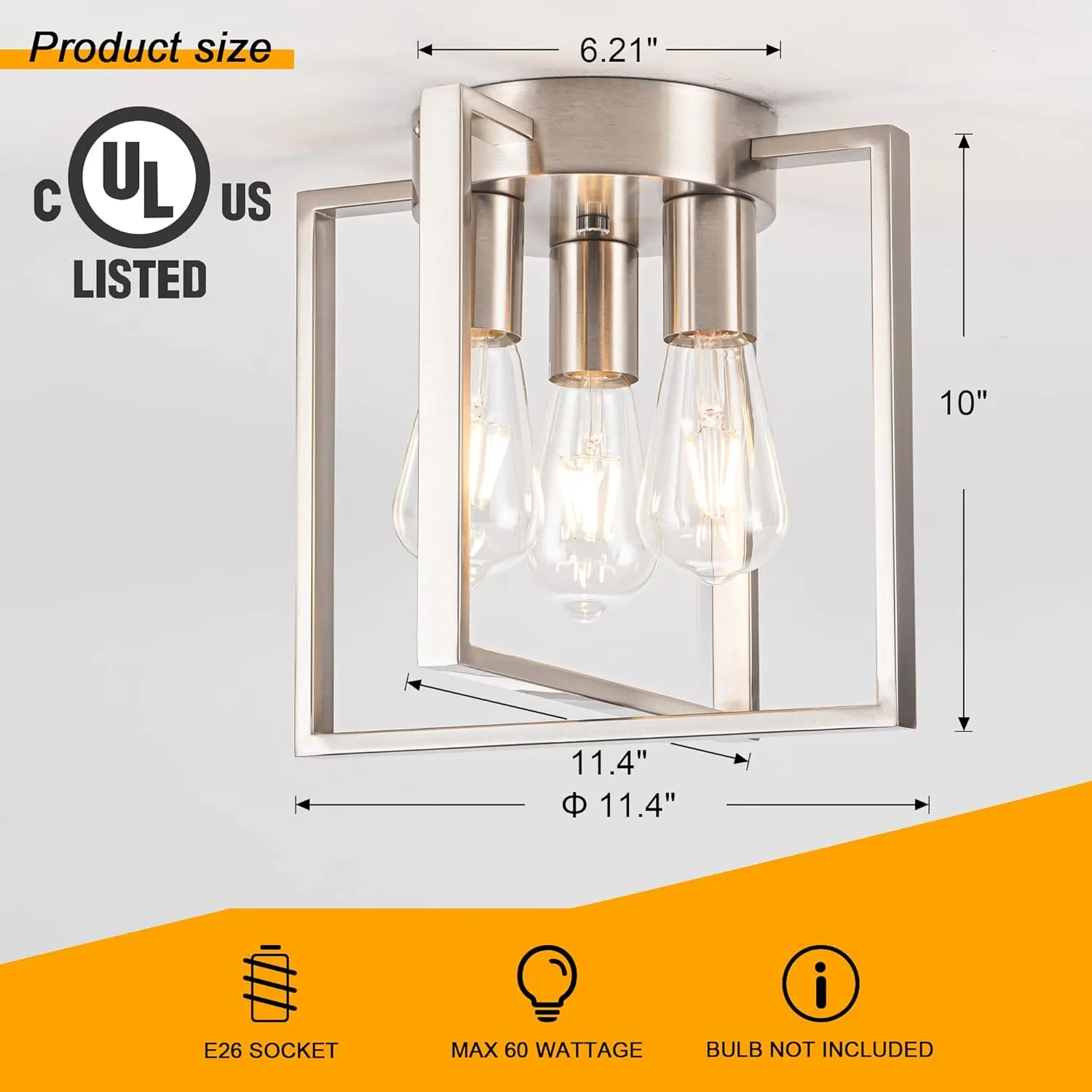3-Light Flush Mount Light Fixture,Brushed Nickel Metal Frame Ceiling Light Fixture with Contemporary Geometric Metal Cage,for Living Room Kitchen Dining Room Bedrooms Foyer Hallways,