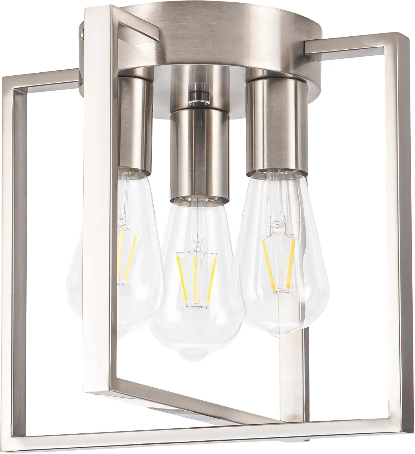 3-Light Flush Mount Light Fixture,Brushed Nickel Metal Frame Ceiling Light Fixture with Contemporary Geometric Metal Cage,for Living Room Kitchen Dining Room Bedrooms Foyer Hallways,
