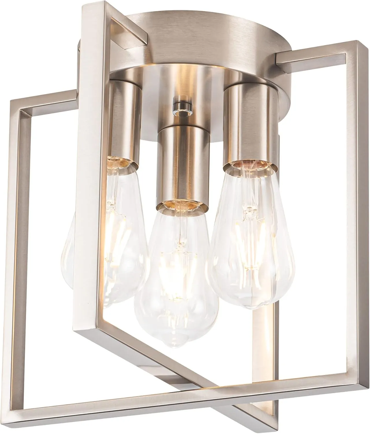 3-Light Flush Mount Light Fixture,Brushed Nickel Metal Frame Ceiling Light Fixture with Contemporary Geometric Metal Cage,for Living Room Kitchen Dining Room Bedrooms Foyer Hallways,