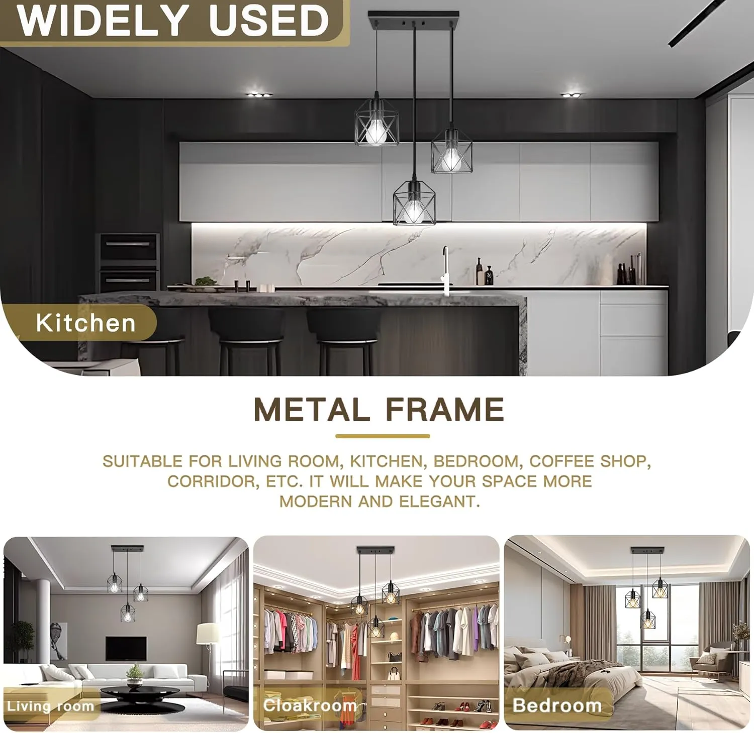 3-Light Hanging Pendant Light Fixtures, Farmhouse Kitchen Island Light Fixture, Industrial Hanging Pendant Lighting for Dining Room Bedroom Hallway, Black Metal Cage Pendant Lamp, E26 Base