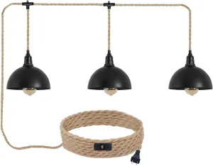3 Light Hemp Rope Plug in Pendant Light Rattan Hanging Lights with Plug in Cord with Woven Lamp Shade, Hanging Lights with Plug in Cord Hemp Rope Hanging Lamp