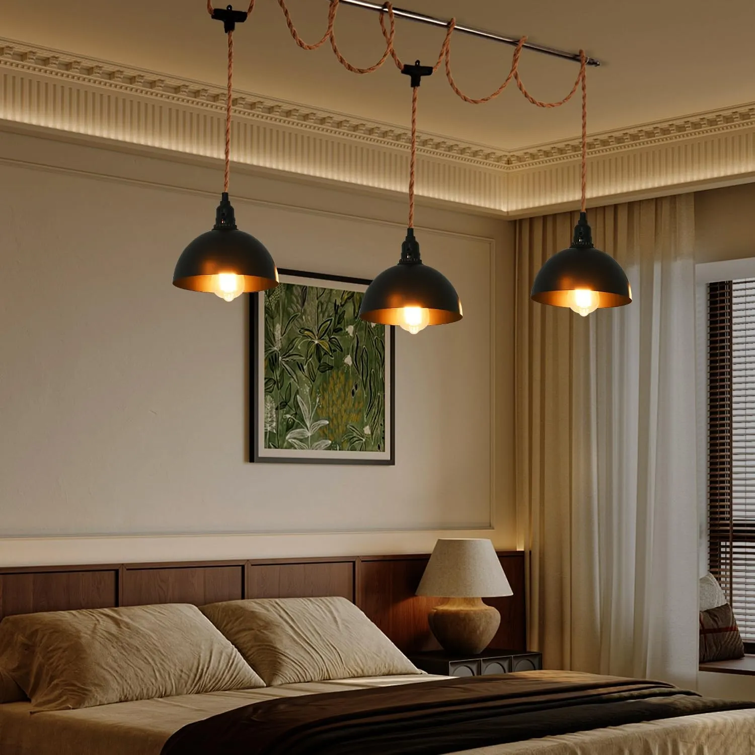 3 Light Hemp Rope Plug in Pendant Light Rattan Hanging Lights with Plug in Cord with Woven Lamp Shade, Hanging Lights with Plug in Cord Hemp Rope Hanging Lamp